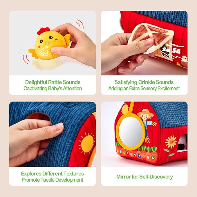 hahaland Baby Toys 6-12 Months - Surprise Barn Stuffed Farm Animals, Rattle, Crinkle, Mirror, Montessori Toys for 6 Month Old Babies Sensory Balls Toddlers 1-3 Gifts Christmas Baby Stocking Stuffers