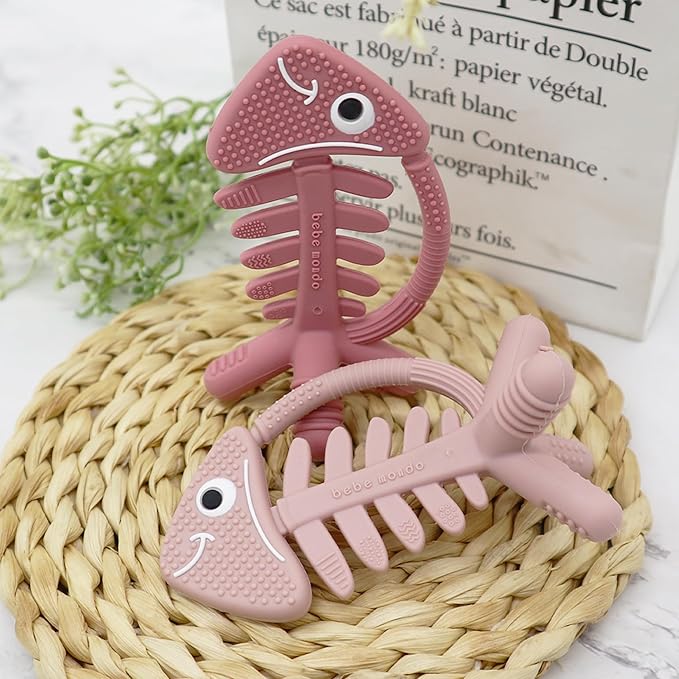 3 in 1 Infant Toys, Baby Teething Toys 3–6 6–12 Months, Teethers for Babies 0–3–6–12 Months for Teething Relief, Baby Gift, Baby Teether Toys, Silicone Sensory Toys,USA Patent Pending, Fish-Rose Pink