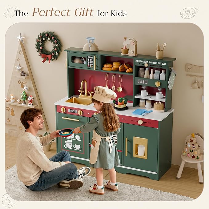 Play Kitchen Set, Kids Kitchen Playset with 21 Fun Accessories, Toy Kitchen Set with Realistic Appliances, Smart Storage, Wooden Play Kitchen for Kids, Gift for Ages 3+ (Green & Red)