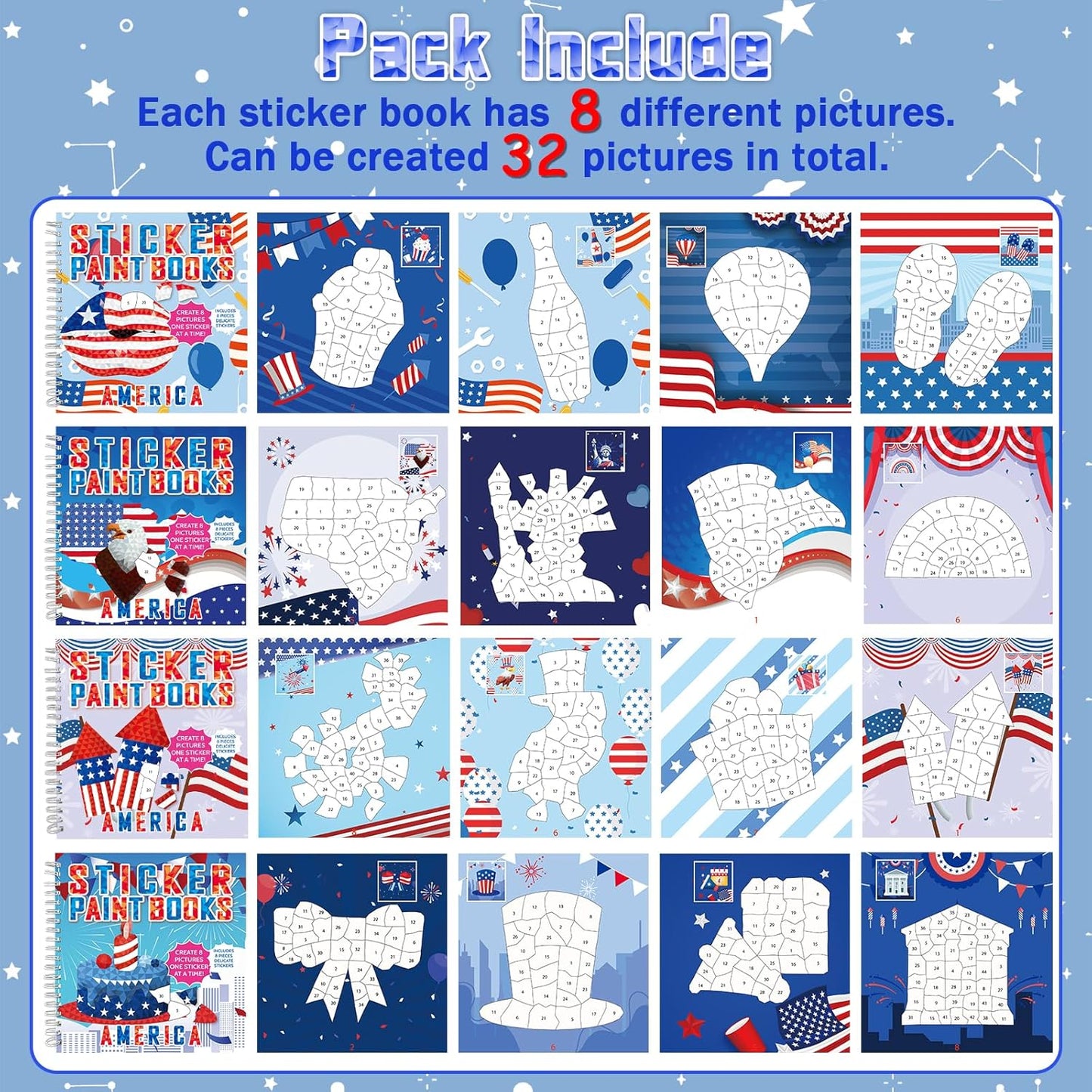 4Pcs Patriotic Paint by Sticker Books Sticker by Number Books Activity Book Puzzle Book Craft Art Gift Memorial Day 4th of July American Star 32 Pictures