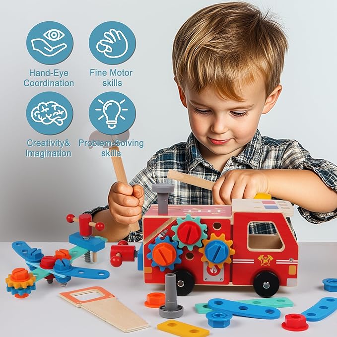 Toddler Tool Kit - 33 PCS Montessori Toddlers Tool Box, Kids Pretend Play Tools Set Age 2-4, STEM Educational Toys for Age 3, Wooden Construction Toy, Boys Birthday Gift 2,3,4,5 Year Old (Fire Engine)