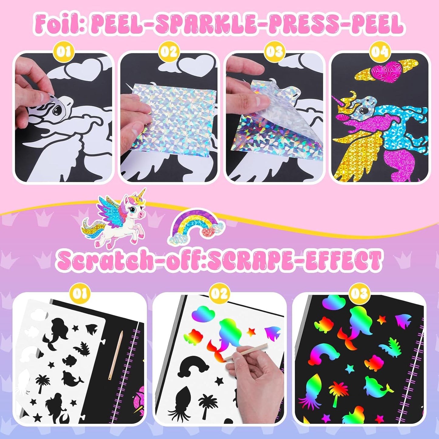 homicozy Art & Craft Activity for Kids: Foil Fun Unicorns and Princess & Scratch Art Book 2-in-1,No Mess Art Crafts for Girls,DIY Creative Activity Kit,Gifts for Girls Ages 4,5,6,7,8,9, Travel Toys
