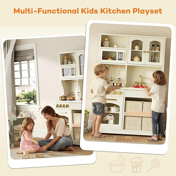 Play Kitchen for Kids, Wooden Toy Kitchen Set with Smart Storage & Accessories, Toddler Kitchen Playset with Stove & Oven, Pretend Play Set, Gift for Ages 3-8, White