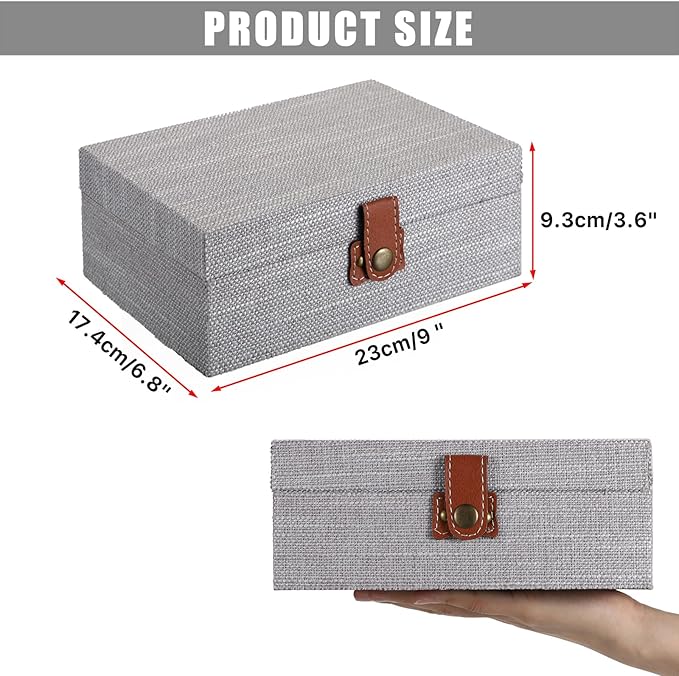 Hipiwe Decorative Jewelry Storage Box Gray Wooden Case with Linen Covered Treasure Chest for Women Gift Photo Organizer with Clasp Keepsake Box Home Decor, Medium