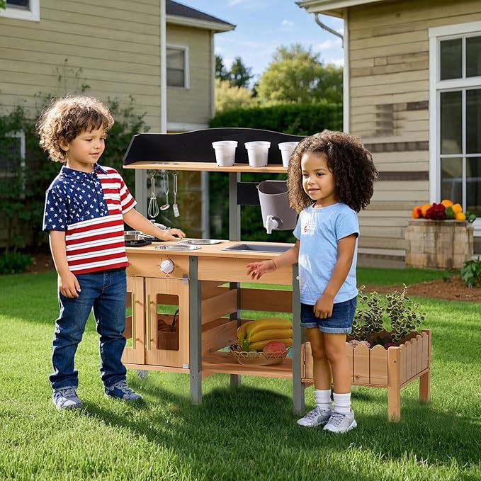 ROBUD Outdoor Mud Kitchen Set for Kids, Wooden Pretend Play Kitchen with Plant Growing Box, Real Faucet, Sink, Kitchen Accessories, Pretend Play for Kids Boys Girls Toys Age 3+