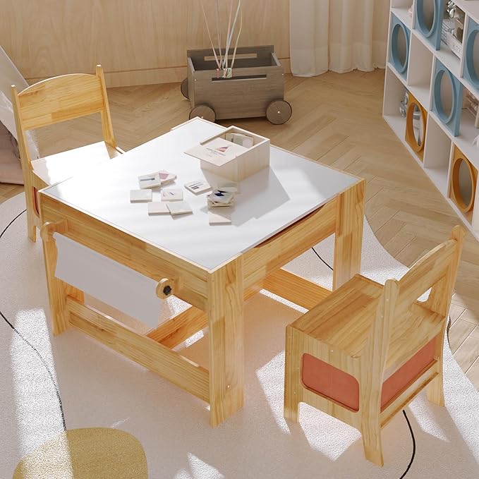 Pinewood Kids Table and Chair Set, 3 in 1 Toddlers Wooden Art Activity Table Desk with Chairs and Storage, Children Removable Tabletop, Blackboard, Natural