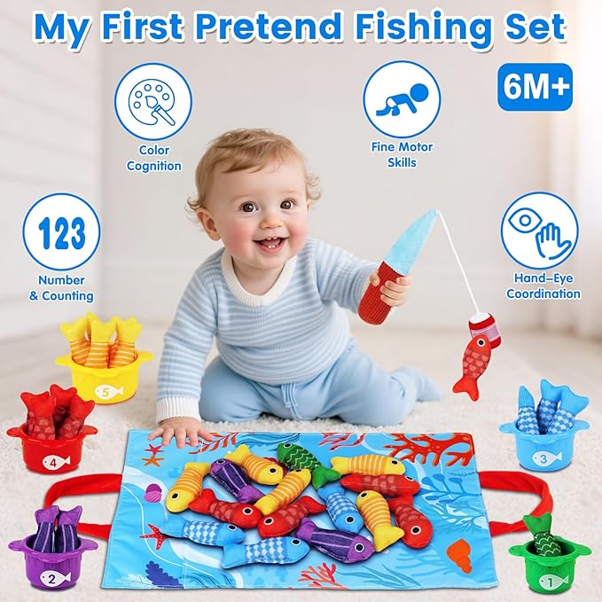 Montessori Toys for 1 Year Old Boy Girl Birthday Gift - Toddler Toys Cloth Fishing Game with Stacking Cups 1-3 - Number Counting Color Sorting Learning Baby Toy 12-18 Months