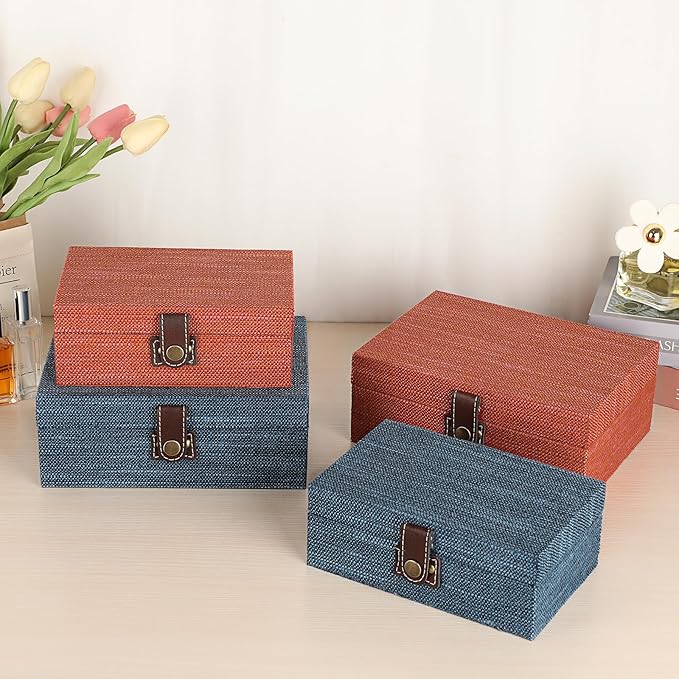 Hipiwe Treasure Chest Box - Wooden Decorative Trinket Jewelry Box with Clasp Memento Case Box Rectangular Keepsake Jewelry Organizer Box Gift for Women Men Home Decor,Medium