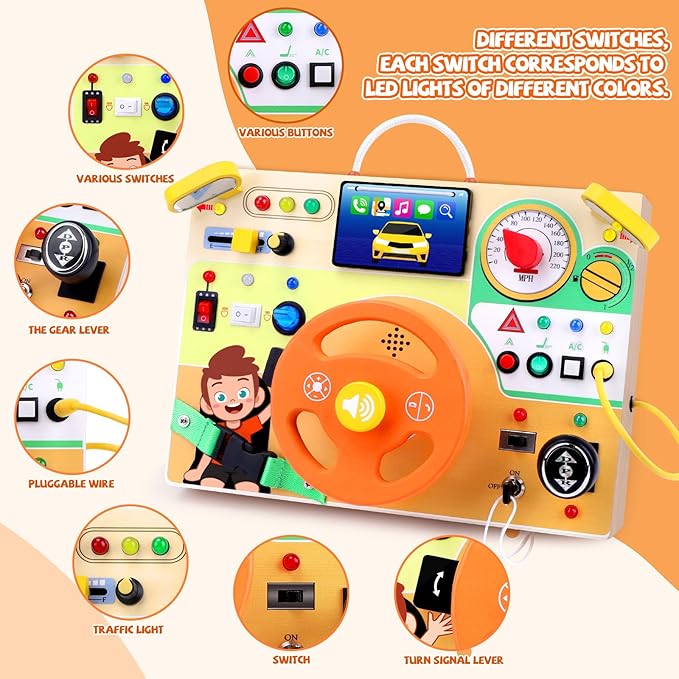 Hoarosall Busy Board,Montessori Toys for 1-3 Year Old Boys & Girls,Travel Activities for Toddlers,Sensory Toy for Kids with Autism,Perfect Christmas Birthday Gift Idea (Busy Board v6)