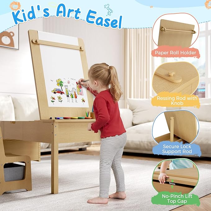 5-in-1 Kids Art Table and Chairs, Toddler Table and Chair Set, Craft Play Desk for Kids, Convertible Art Easel with Paper Roll Holder & Storage Drawers, Children Activity Learning Center - Nature Wood