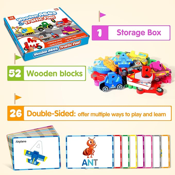 Vanmor Wooden Vehicle Alphabet Puzzle for Toddlers, Traffic ABC Letter Sight Words Matching Game with 52 Blocks and Flash Cards, Montessori Spelling Game Learning Toys, Stocking Stuffer for Kids 3-5