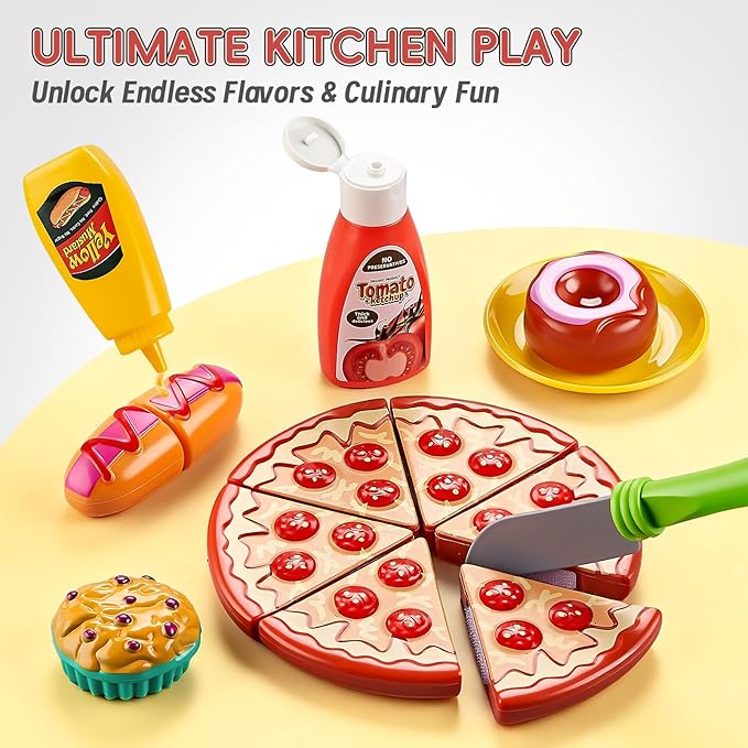 Play Kitchen Accessories, Large Stainless Steel Toddler Cooking Set, Kids Kitchen Playset with Cutting Play Food, Condiments, Chef Apron & Hat, Service Bell, Toy Food with 2 Baskets, Boys Girls Gifts.