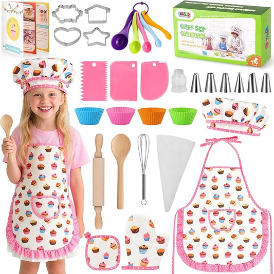 LovesTown Kids Cooking and Baking Sets, 32PCS Kids Chef Hat and Apron Pretend Play Toys for Toddler Gifts for Boys Girls
