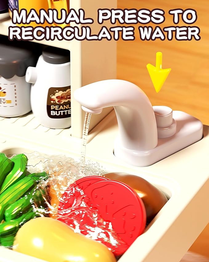 33.8IN - 70PCS Kids Kitchen Playset with Sound & Light - Cooking Stove with Steam, Play Sink and Toy Kitchen Accessories - Pretend Kitchen Play Food Toys for Kids Boys Girls - Toddler Play Kitchen Set