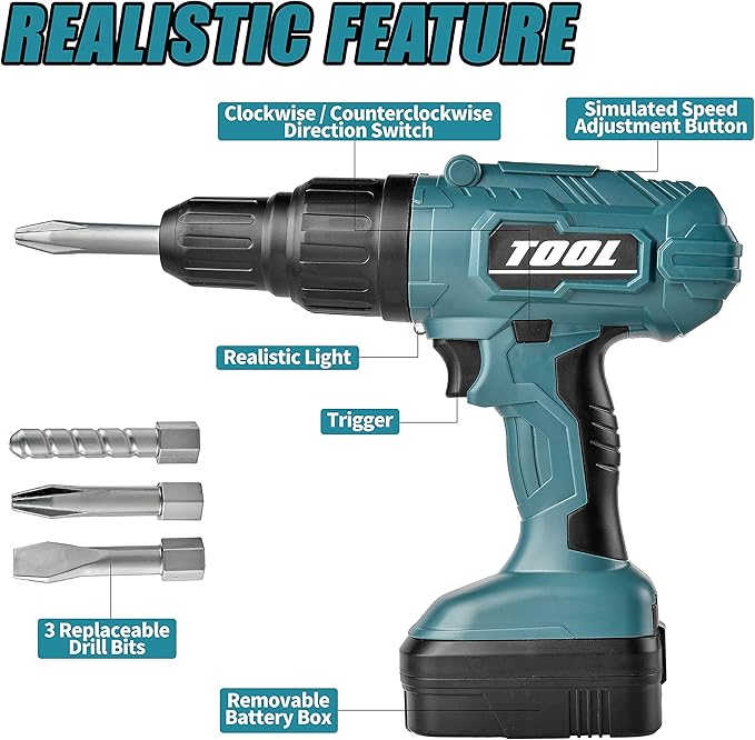 Toy Choi's Toy Drill Set for Kids - Electric Pretend Play Tool with Realistic Sound & Action, Construction Toy Tools for Ages 3-5 with Toddler Drill Screw Set (Green)