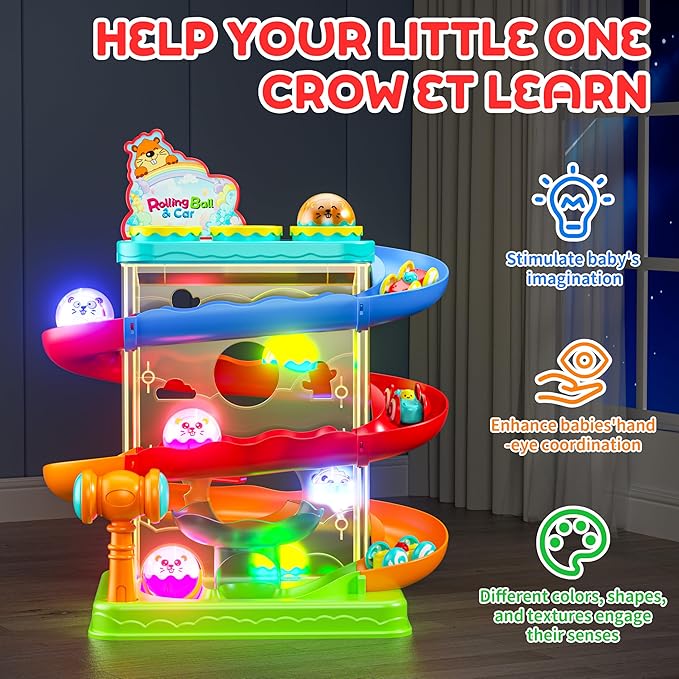 2-in-1 Rolling Ball & Car Ramp Race Track for Toddlers, Hammer Ball Drop Toy for Boys & Girls, Interactive Toys w/Sensor Lights - Montessori STEM Learning Toys - Brithday Gift for Kids 1-5+ Year Old