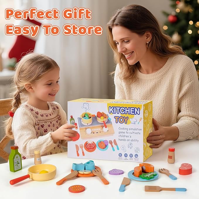 Play Kitchen Accessories, Wooden Pretend Play Cooking Playset with Interactive Sound and Storage Stove, Pots & Pans, Cuttable Play Food, Kitchen Toys for Kids Toddlers Girls Boys