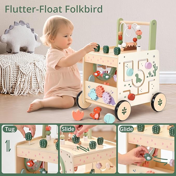 Wooden Baby Push Walker, 6-in-1 Montessori Activity Center for Toddlers, Adjustable Speed Dinosaur Walker with Brake & Shape Sorter, Natural Solid Wood Learning Toy for Boys Girls 12M+