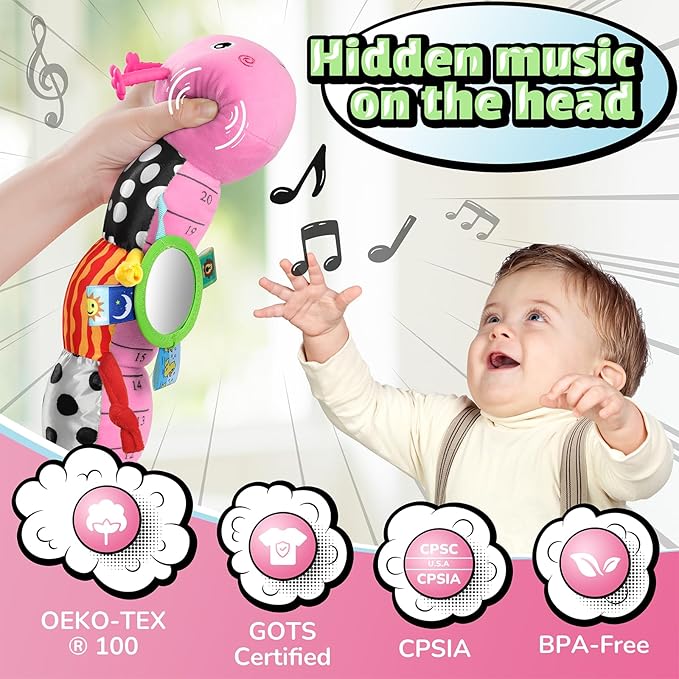 LIGHTDESIRE Baby Toys Musical Caterpillar,Infant Toys 3 6 12 Months Sensory Toy with Ruler Design,Mirror,Pull String,Crinkle&Ring Bell,Baby Teething Toy for Tummy Time Boy Girl Gifts (Rose Pink)