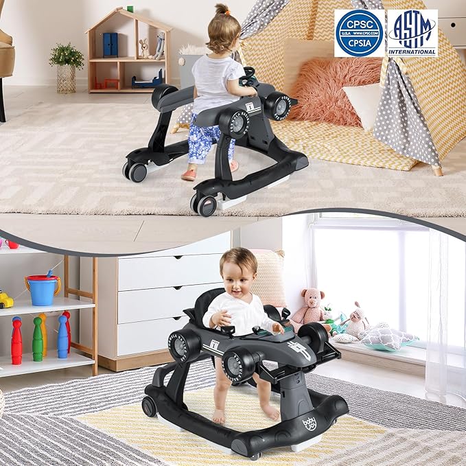 BABY JOY 4-in-1 Baby Walker, Foldable Activity Walker with Adjustable Height & Speed, Music, Lights, Anti-Rollover, Toddler Push Walker, Baby Walker with Wheels for Boys Girls 6-18 Months (Gray)