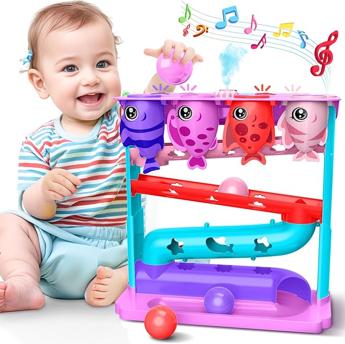 Ball Drop Toy for 1, 2 Years Old Boys & Girls, Interactive Toddler toy with Lights, Music & Water Spray, Montessori STEM Learning Toys for 9-18 Months, Infant Early Development Gift(Pink)