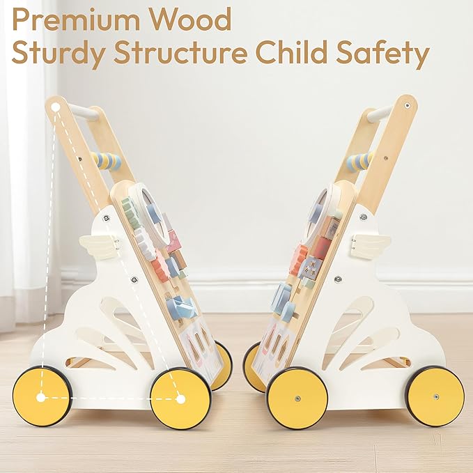 Wooden Baby Walker, Baby Push Walker, 8-in-1 Nature Activity Center, Adjustable Speed Montessori Walker Toy with Activity Center Toys for Boys Girls 1 2 3 Year Old