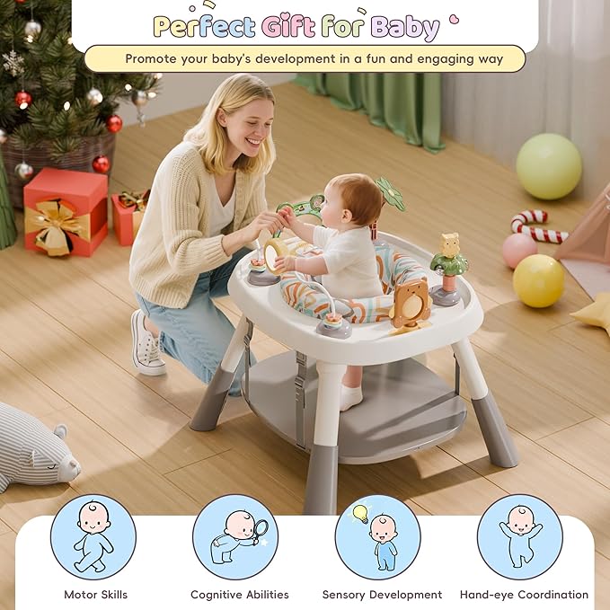 Baby Activity Center, Baby Jumpers and Bouncers with 5 Toys, Lights & Music, Adjustable Heights, 3-Stage Activity Center & Play Table, 360° Rotary Interactive Play Center for Baby Ages 6m+ (White)