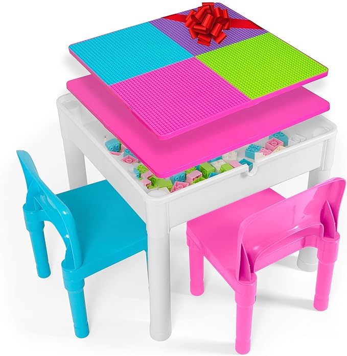 Play Platoon Kids Table and Chairs Set, Toddler 5 in 1 Pastel Activity Table - Sensory, Water, Art, Picnic, Blocks with Storage for Girls Ages 2 to 8 - with Pink and Blue Chairs