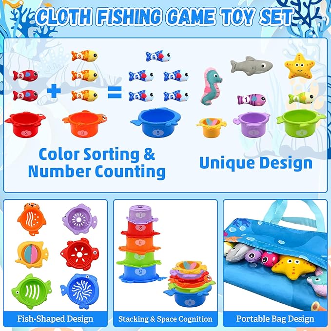 Montessori Toys for 1 Year Old, Cloth Fishing Game for Baby 12 Months with Stacking Cups, Number Counting, Color Sorting, Shape Learning