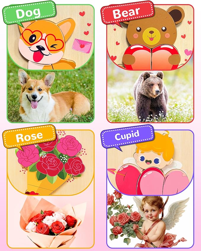 Yetonamr Valentines Wooden Puzzles Gifts for Kids, 4 Pack Toddler Valentine Day Toys for Boys Girls, Valentine Gifts for Kids Classroom, Montessori Toys Valentines Day Party Favors