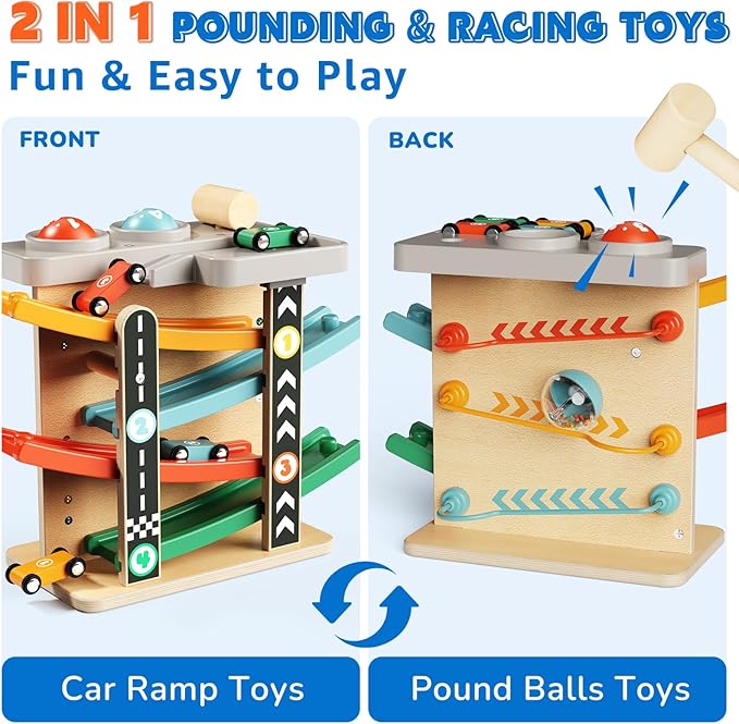 2-in-1 Pound Ball Toddler Toy Wooden Car Ramp Race Track Ball Drop Baby Toy Set Gift for 1 2 3 Year Old Boys Girls Montessori Developmental Learning Activity Interactive Cause Effect Birthday Present