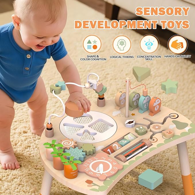 Activity Table, 9-in-1 Wooden Montessori Toy Activity Center with Shape Sorter Fishing Game Bead Maze, Baby Play Table Sensory Educational Toys for Toddler