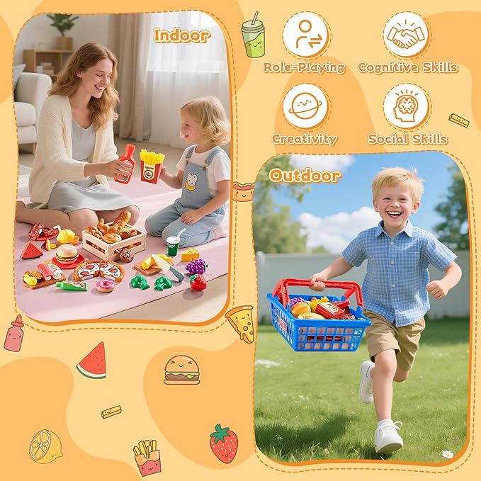 Play Food Sets for Kids Kitchen, Global Cuisine Toddler Cutting Fake Food Toys Including Pizza, Sushi & Bakery , Pretend Toy Food & Play Kitchen Accessories with 2 Baskets, Ideal Gift for Boys Girls