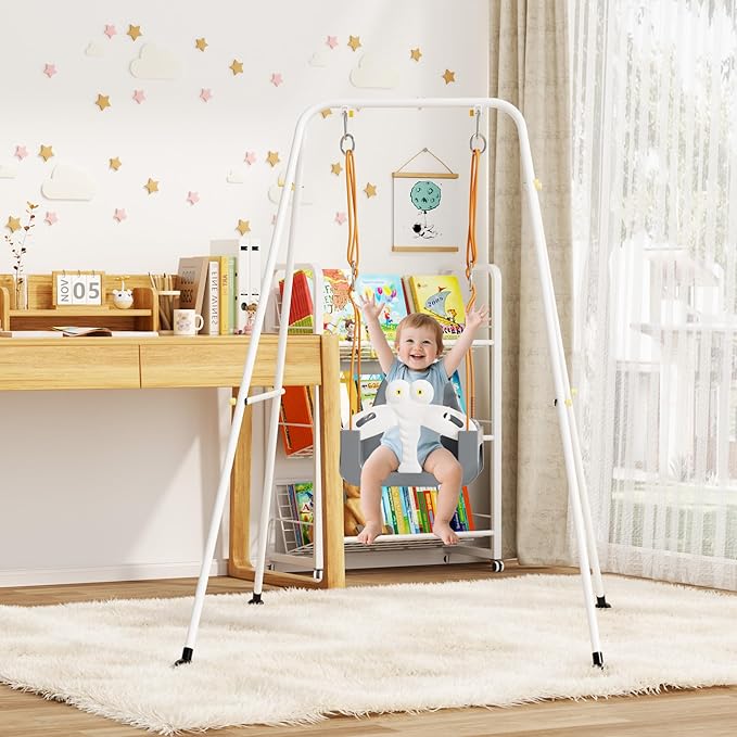 3-in-1 Toddler Swing Set, Baby Swing with Safety Belt, Indoor/Outdoor, Easy to Assemble Kids Swing Seat with Sturdy Metal Stand for Playground, Backyard and Nursery, Gray White