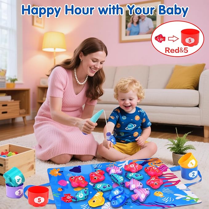 Montessori Toys for 1 Year Old - Cloth Fishing Game with Stacking Cups Toddler Toys for One Year Old Boy Girl First Birthday Gift - Sorting Learning Baby Toy 12-18 Months 1 2 Year Old