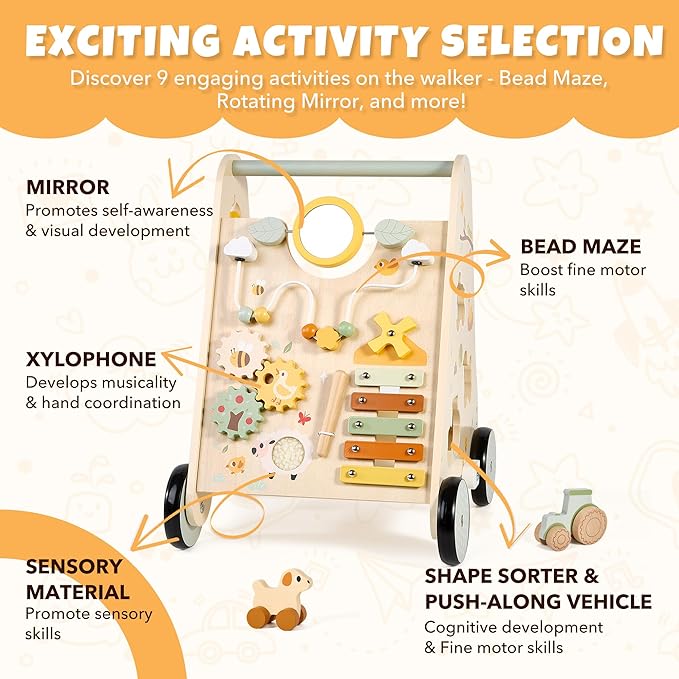 Wooden Baby Push Walker, Baby Walker with Activity Center for Girls Boys, Montessori Sensory Push Toys for Babies Learning to Walk & Sit-to-Stand