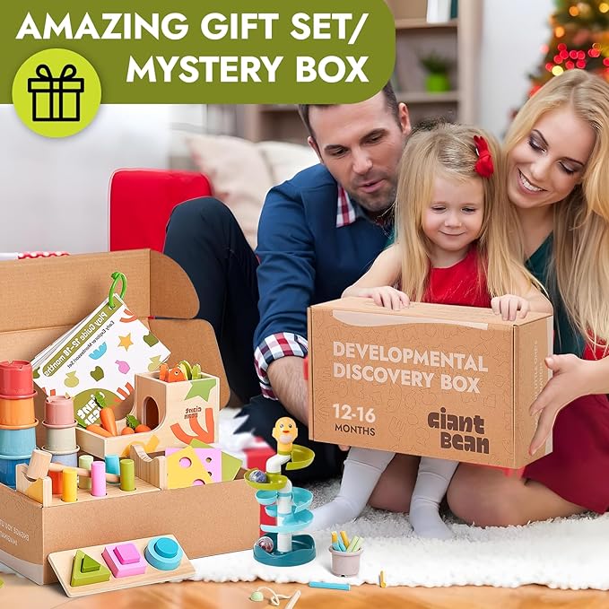 Giant bean 8-in-1 Wooden Montessori Toys Set Learning Toys for Baby 12-18 Month with Object Permanence Box, Senser Ball Roll Tower, Hammer, Fishing Carrot, Shape Sorting Stacking Cup for Kids 1+