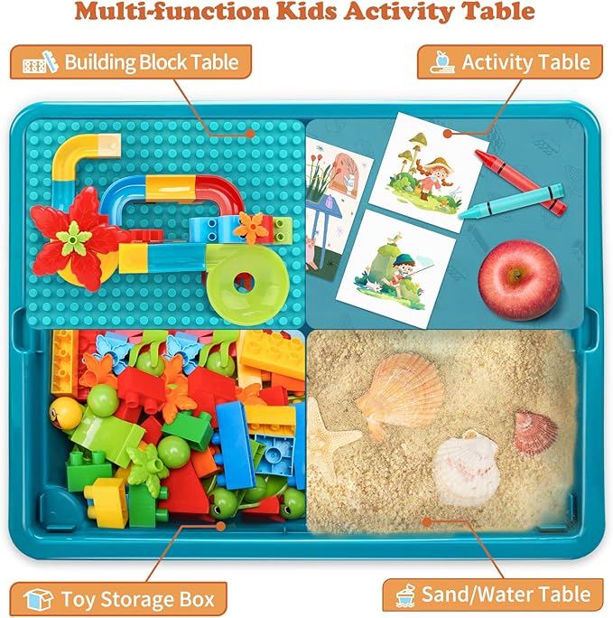BEAURE 5-in-1 Multi Activity Sand Water Play Table, Double-Sided Kids Activity Table with Storage, 105pcs Marble Run Building Blocks Sensory Table for Kids Toddler Boys Girls