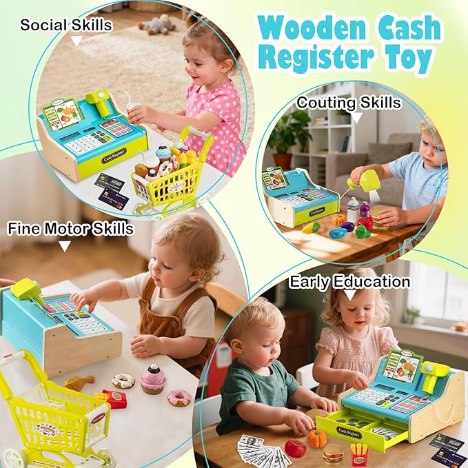 Wooden Cash Register for Kids with Shopping Cart Rechargeable Kid Cash Register with Scanner Gift for Kid Age 3 4 5 6 7 8 9 Year Old Pretend Play for Toddlers Toys for 3-12 Year Old Kids