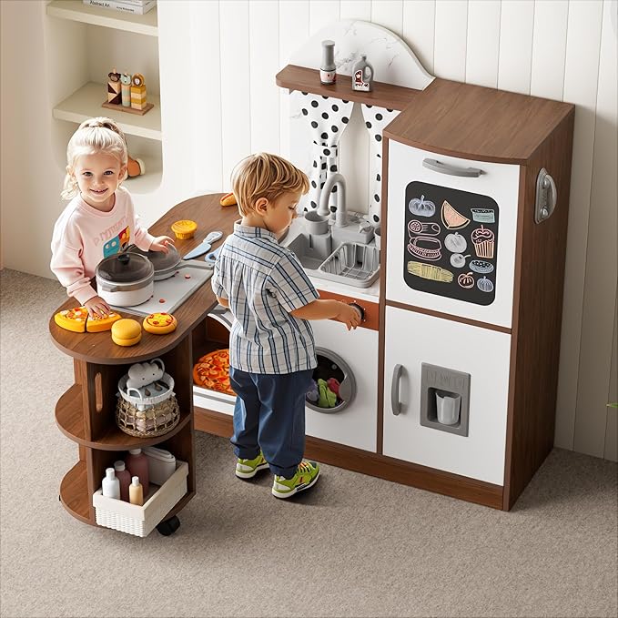 Wooden Play Kitchen with 180 Degree Rotation, Interactive Kids Corner Toy Kitchen Playset with Lights & Sounds, Toddler Kitchen Play Set with Realistic Accessories for Girls Boys Ages 3+, Brown