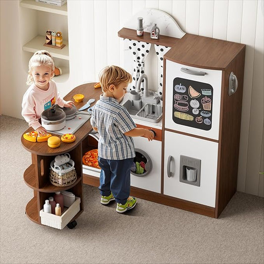 Wooden Play Kitchen with 180 Degree Rotation, Interactive Kids Corner Toy Kitchen Playset with Lights & Sounds, Toddler Kitchen Play Set with Realistic Accessories for Girls Boys Ages 3+, Brown