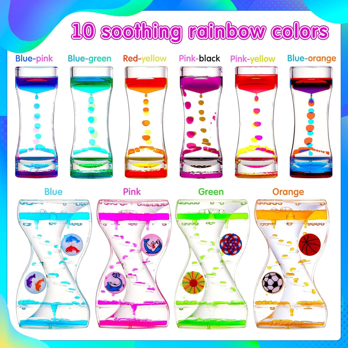 10 Pack Liquid Motion Bubbler Timer for Kids and Adults, 2 Types Calming Fidget Toy Colorful Hourglass Desk Decor Timer Oil Water Liquid for Adhd Anxiety Autism Sensory Play Classroom Prize