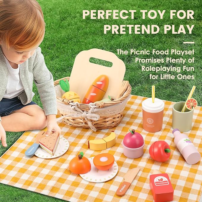 Picnic Playset, Wooden Play Food Set for Kids Kitchen, Cutting Pretend Play Kitchen Food Toy for Toddlers Girls Boys 3 4 5 Years Old