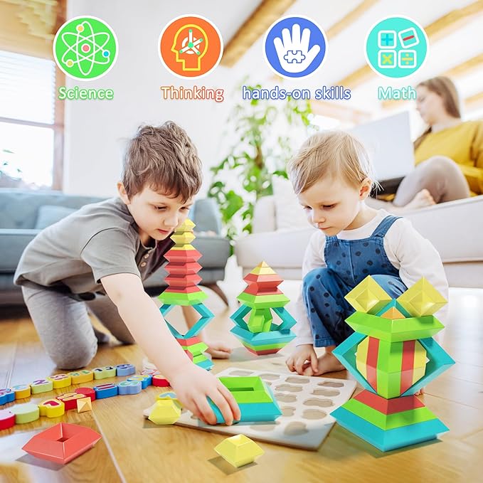40Pcs Montessori Toys for Ages 3 4 5 6 Toddlers Kids Baby,Pyramid Stacking Building Toys,3D Preschool Learning Blocks for Kids,STEM Sensory Toy Gifts for 3-5 Year Old Boy Girl,Plastic Storage Box Set