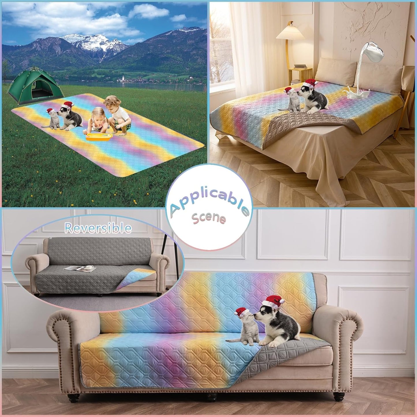 100% Waterproof Dog Bed Cover 120x82 inch Reversible Changing Pad Reusable Camping Mat for Kids/Pet/Dog/Cat Washable Geometric Embroidery Blanket Patchwork Rainbow Ombre Printed+Gray