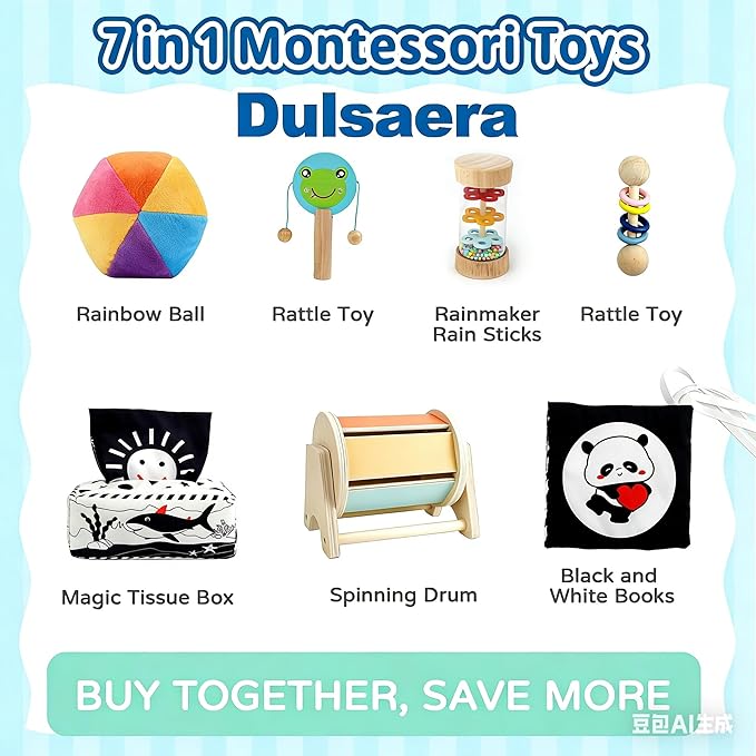 Montessori Toys 7 in 1 Learning Educational Set Newborn Toys, Rainbow Ball, Baby Black and White Books, Tissue Box Toy, Spinning Drum, Rattle Toy