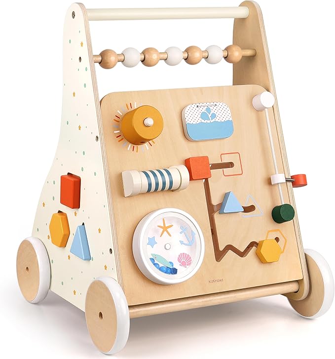 Wooden Baby Walker, Montessori Activity Center Adjustable Speed Baby Push Walker with Blocks & Shape Sorter, Learning Toy for Toddlers 1 2 3 Year Olds