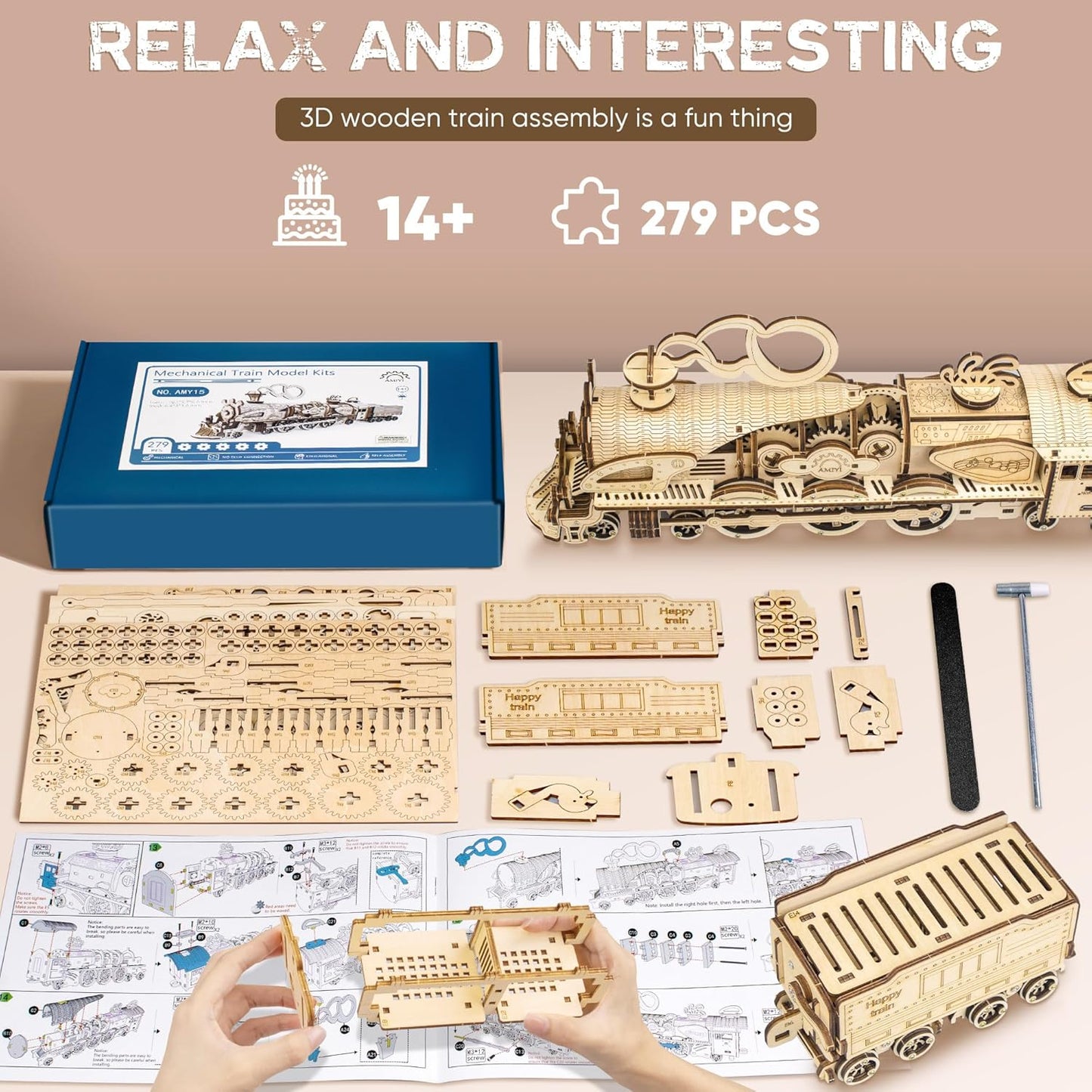 3D Wooden Puzzle for Adults, Wooden Train Crafts Vehicle Building Model, Rechargeable Electric Drive, DIY Wooden Mechanical Steam Train Model Set, 3D Wooden Puzzles Birthday Present for Adults Teens