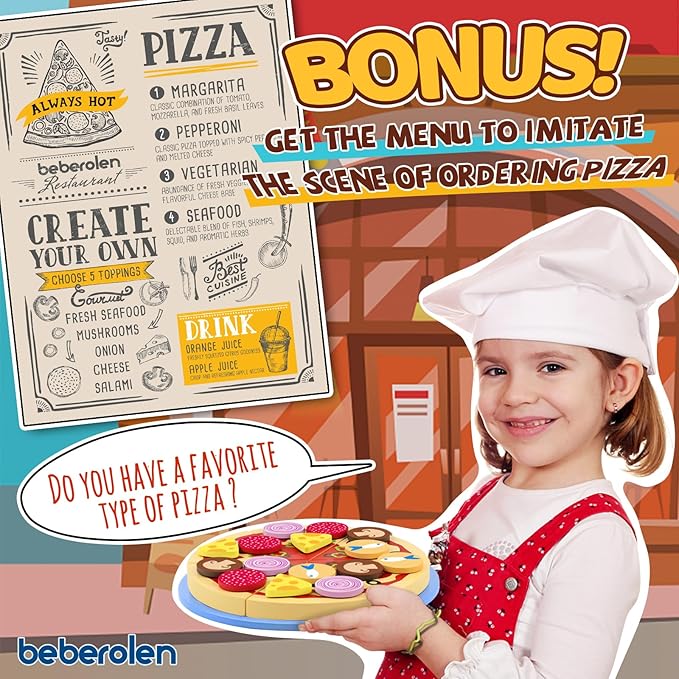 Wooden Pizza Play Food Set - 24 Pcs Cutting Toys, Pretend Play Kitchen Accessories for 3-5 Year Old Toddlers Boys & Girls