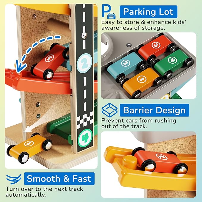 2-in-1 Pound Ball Toddler Toy Wooden Car Ramp Race Track Ball Drop Baby Toy Set Gift for 1 2 3 Year Old Boys Girls Montessori Developmental Learning Activity Interactive Cause Effect Birthday Present